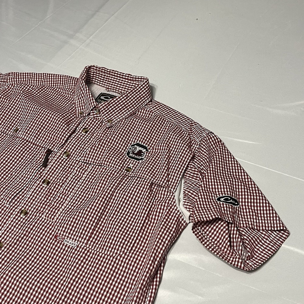 Drake South Carolina Gamecocks Fishing Shirt Mens M Red Gingham Check Vented